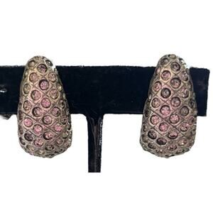 Silver Tone pavé rhinestone Crescent Shape clip-on Statement earrings Vintage